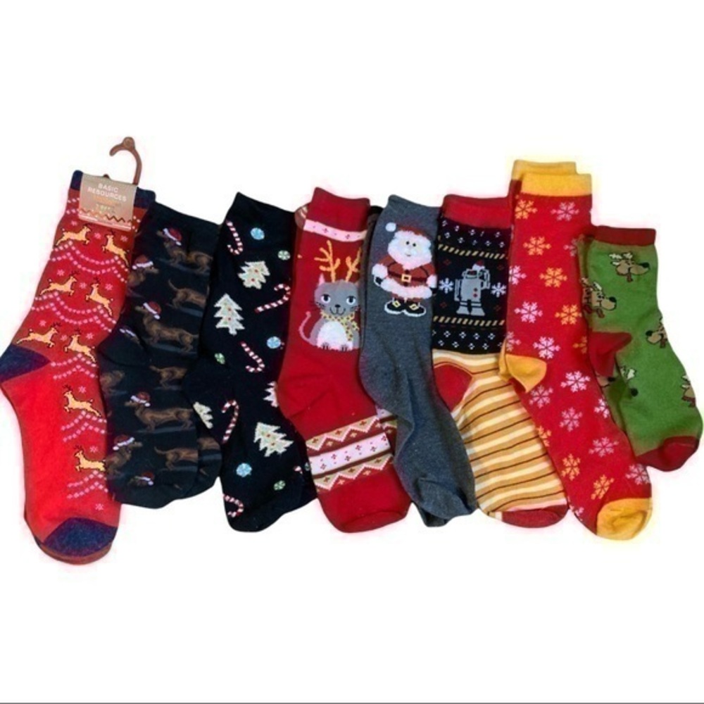 Lot of 9 pairs of Christmas holiday socks, 2 NWT -glitter reindeer & Bah Humbug